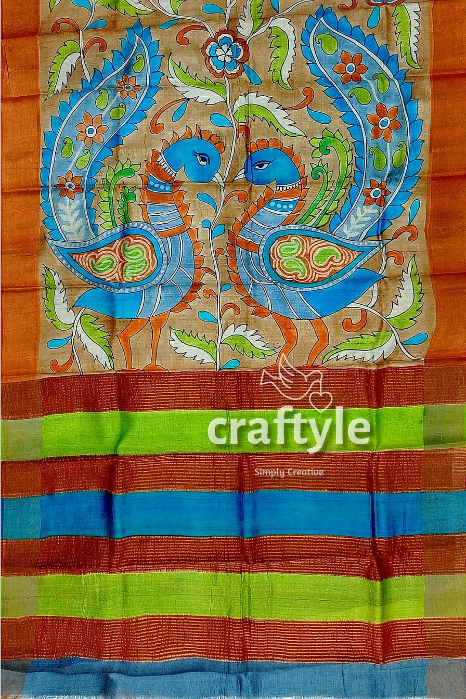 Hand painted kalamkari sari - rodeo dust premium quality zari border pure tussar colorful peacock-themed saree 7