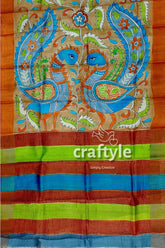 Hand painted kalamkari sari - rodeo dust premium quality zari border pure tussar colorful peacock-themed saree 7