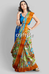 Hand painted kalamkari sari - rodeo dust premium quality zari border pure tussar woman brown blue floral saree 5