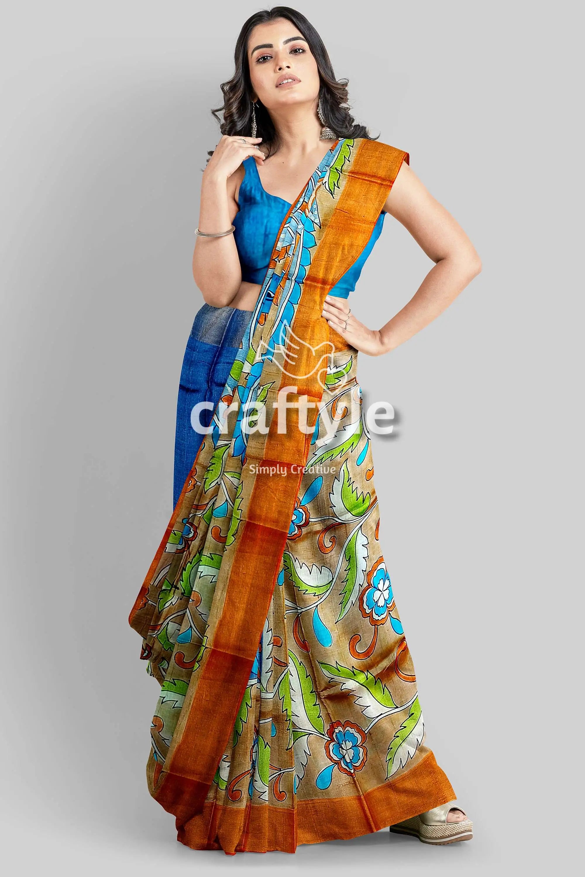 Hand painted kalamkari sari - rodeo dust premium quality zari border pure tussar woman brown blue floral saree 5