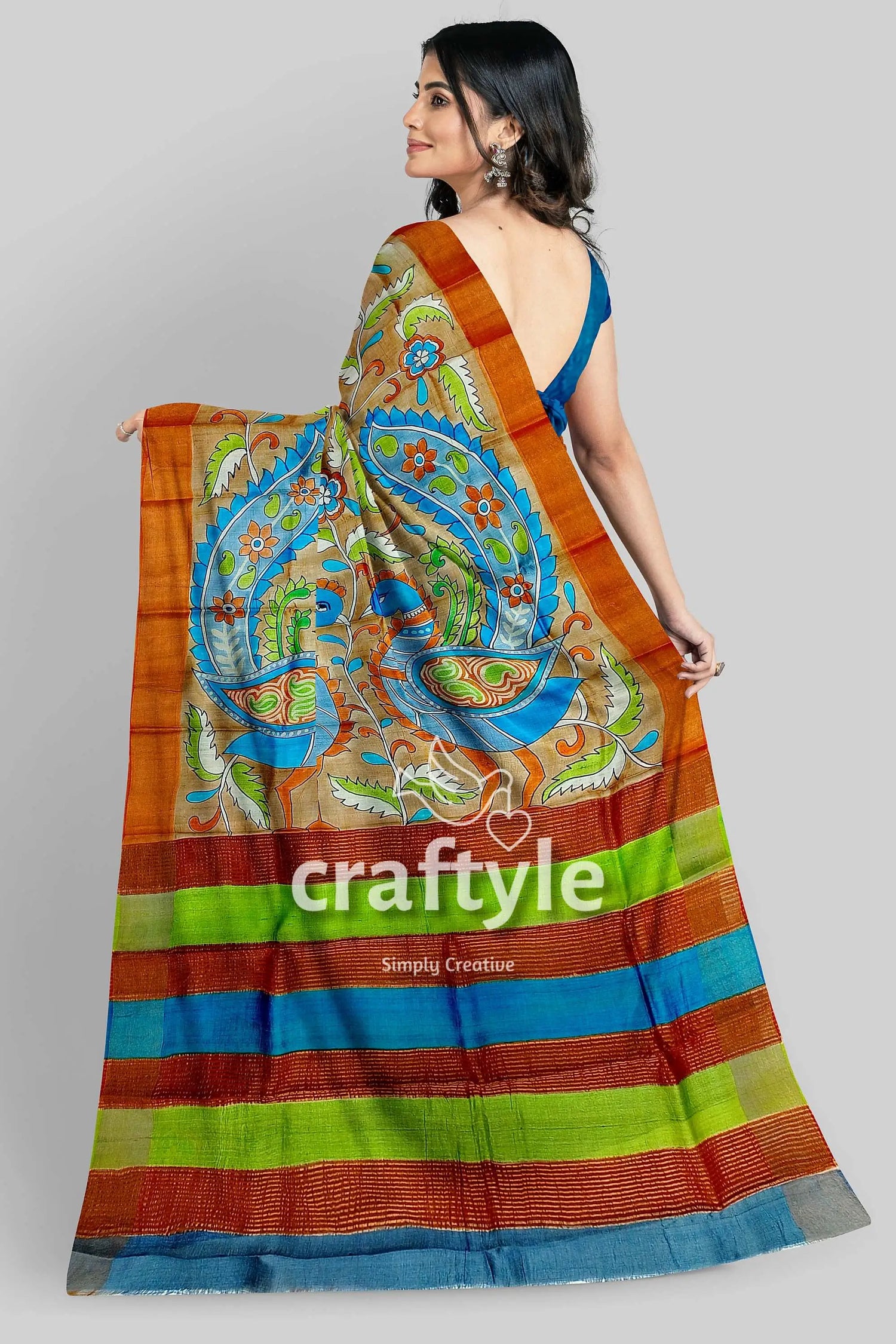 Hand painted kalamkari sari - rodeo dust premium quality zari border pure tussar colorful patterned saree 6