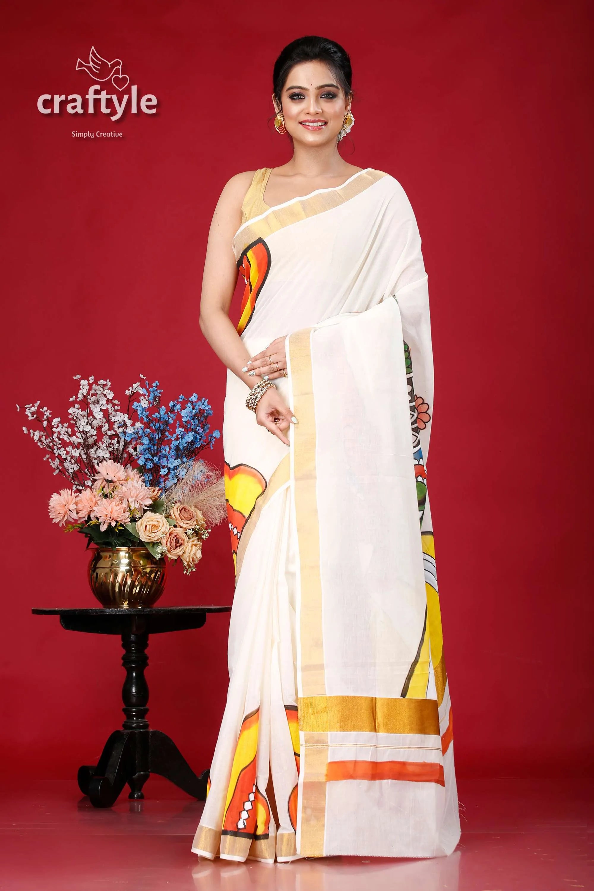 Hand painted kathakali kerala cotton saree - vibrant indian design white colorful designs 1