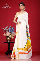 Hand painted kathakali kerala cotton saree - vibrant indian design white saree gold border painted 3