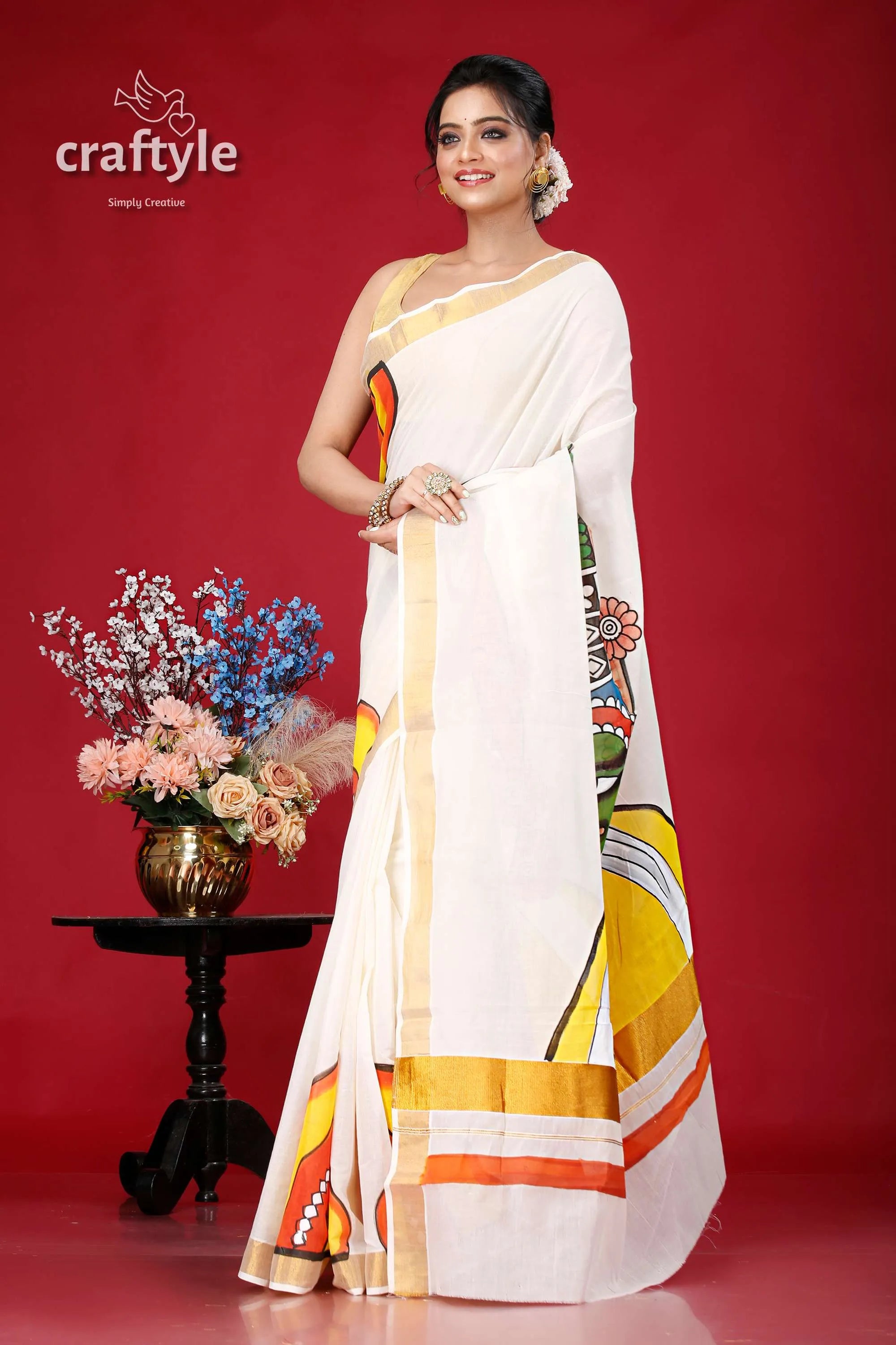 Hand painted kathakali kerala cotton saree - vibrant indian design white gold border 3