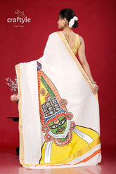 Hand painted kathakali kerala cotton saree - vibrant indian design white saree kathakali face painting 5