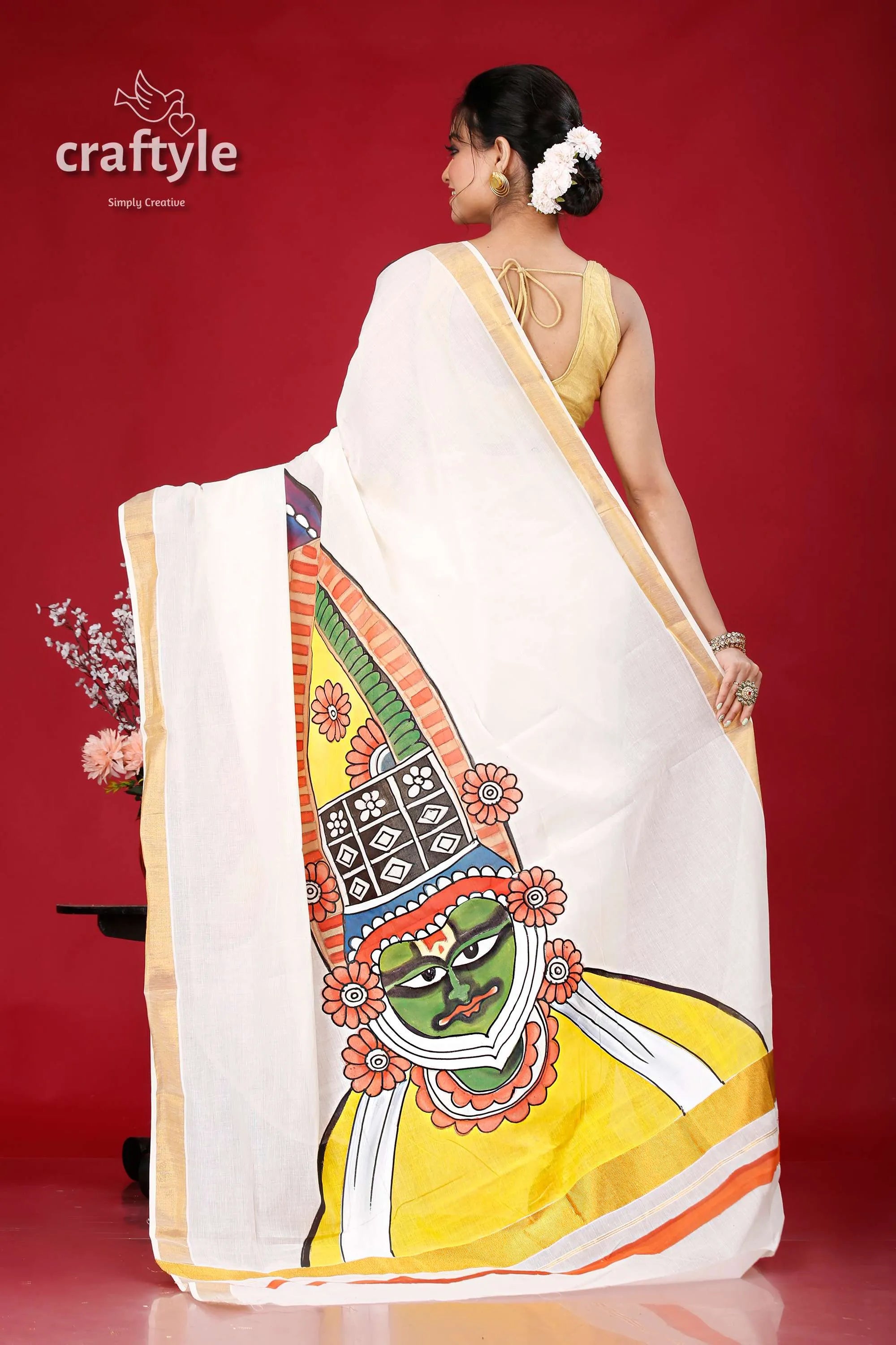 Hand painted kathakali kerala cotton saree - vibrant indian design white face painting 5