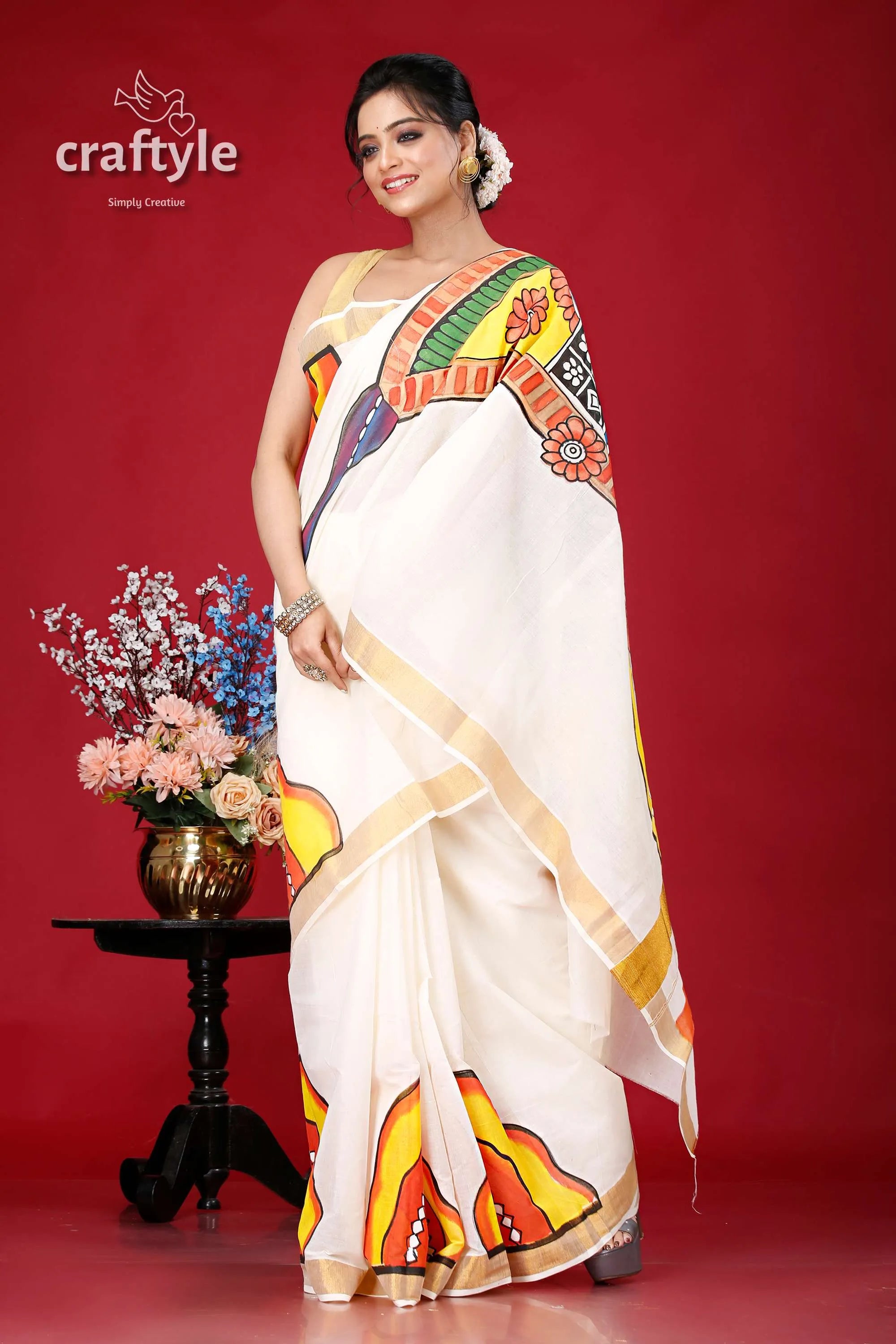 Hand painted kathakali kerala cotton saree - vibrant indian design white colorful designs 4