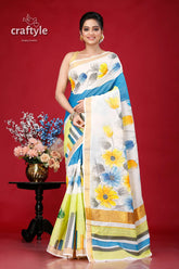 Hand painted kerala cotton saree in floral motif - unique and elegant woman hand-painted saree 1