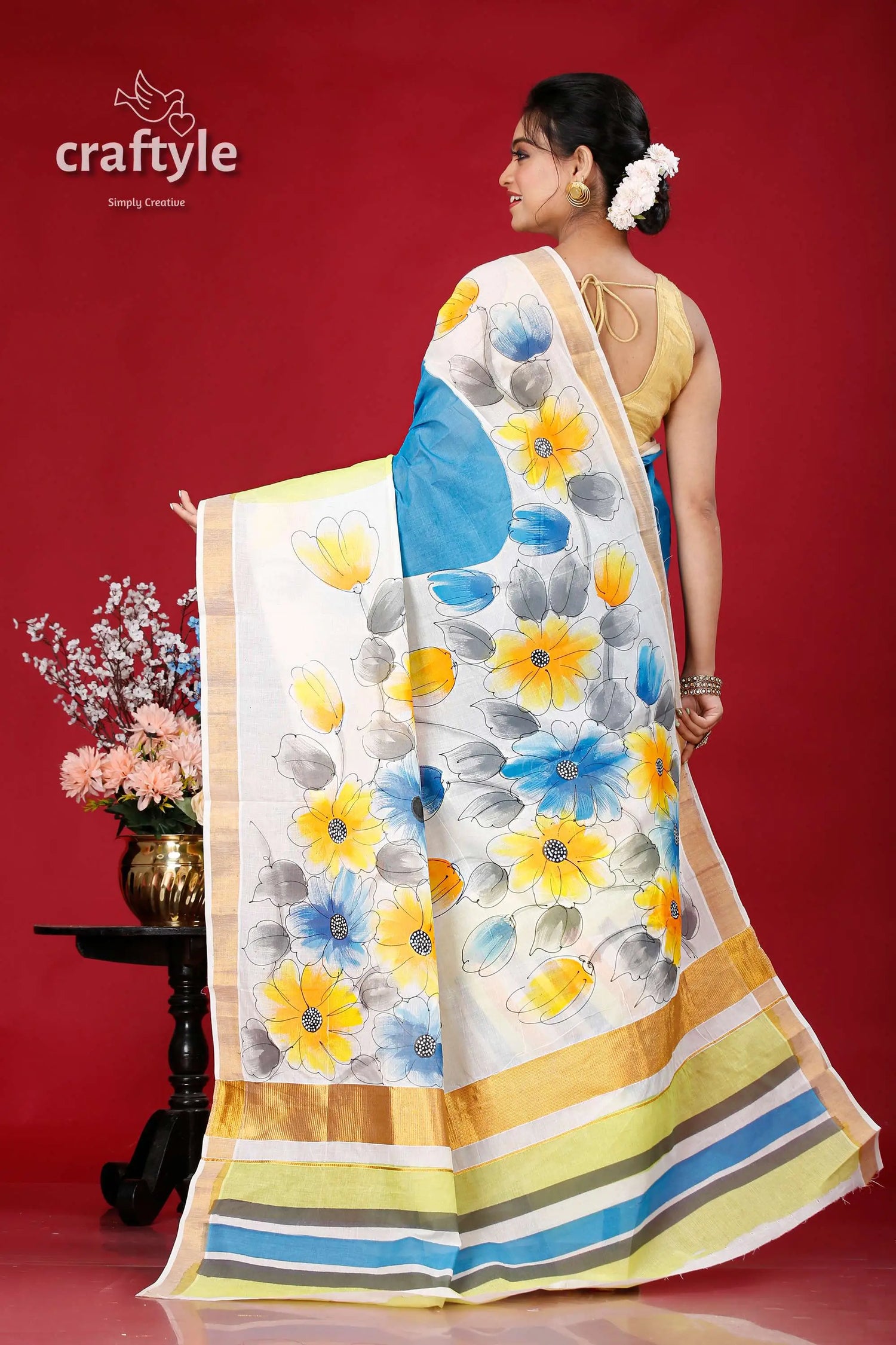 Hand painted kerala cotton saree in floral motif - unique and elegant floral-painted saree striped border 5