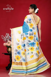 Hand painted kerala cotton saree in floral motif - unique and elegant floral-painted saree striped border 5