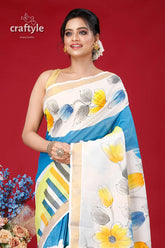 Hand painted kerala cotton saree in floral motif - unique and elegant woman blue white floral saree 2
