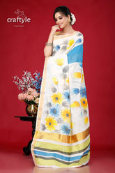 Hand painted kerala cotton saree in floral motif - unique and elegant floral-patterned white saree gold border 4