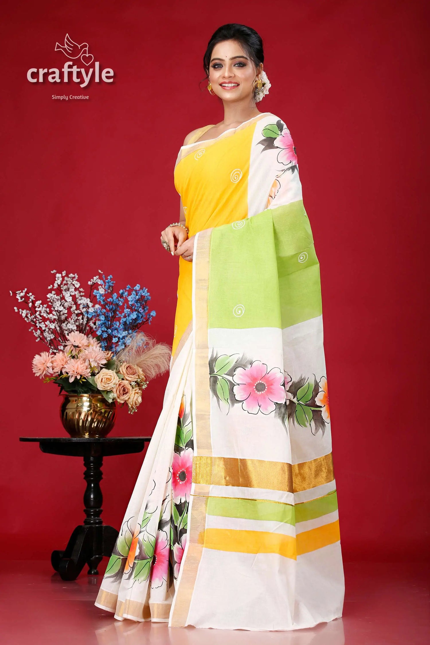 Hand painted kerala cotton saree with floral motif - perfect for any occasion yellow floral-painted saree 3