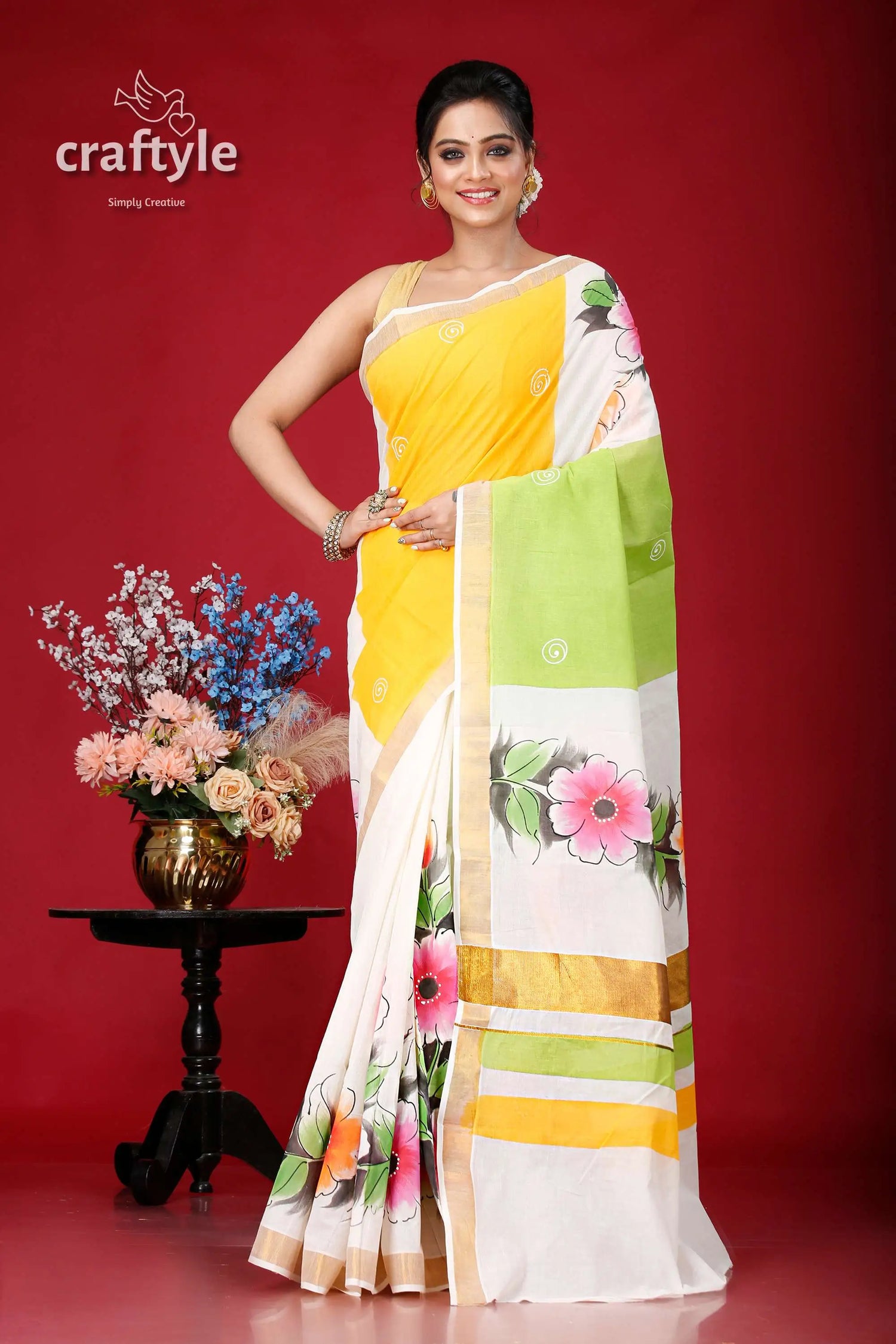 Hand painted kerala cotton saree with floral motif - perfect for any occasion woman yellow white floral saree 1