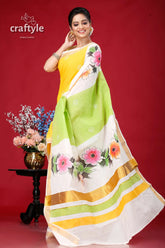 Hand painted kerala cotton saree with floral motif - perfect for any occasion woman yellow dress floral-painted saree 4
