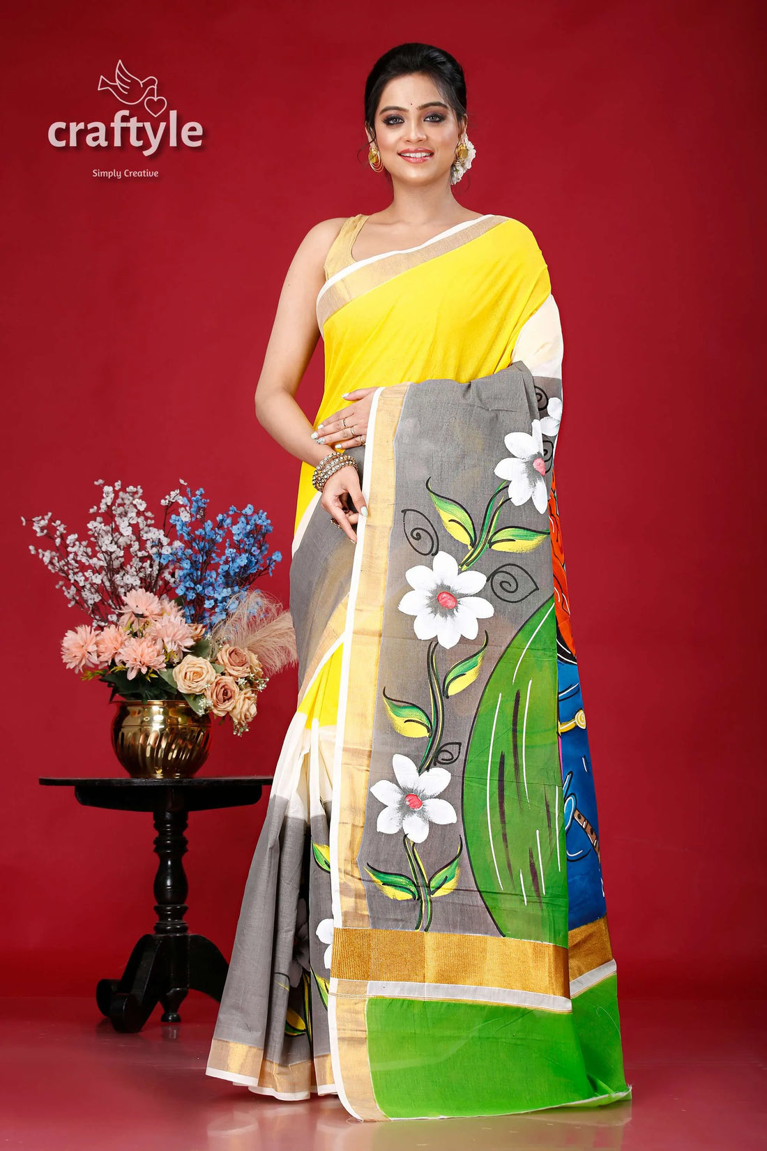 Hand-painted kerala cotton saree with radha krishna design woman yellow painted 1