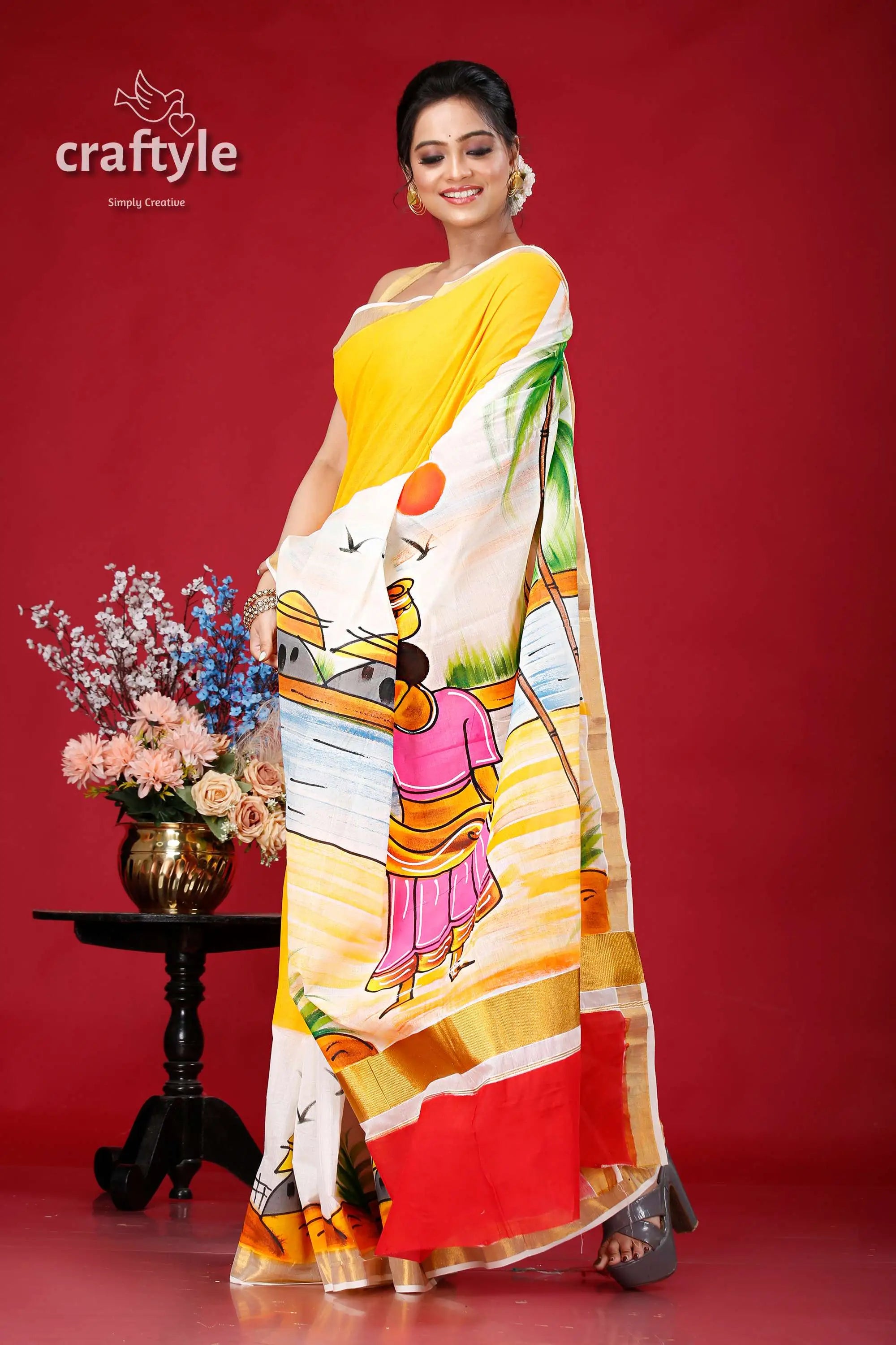 Hand-painted kerala cotton saree with village theme design hand-painted saree yellow bodice red 4