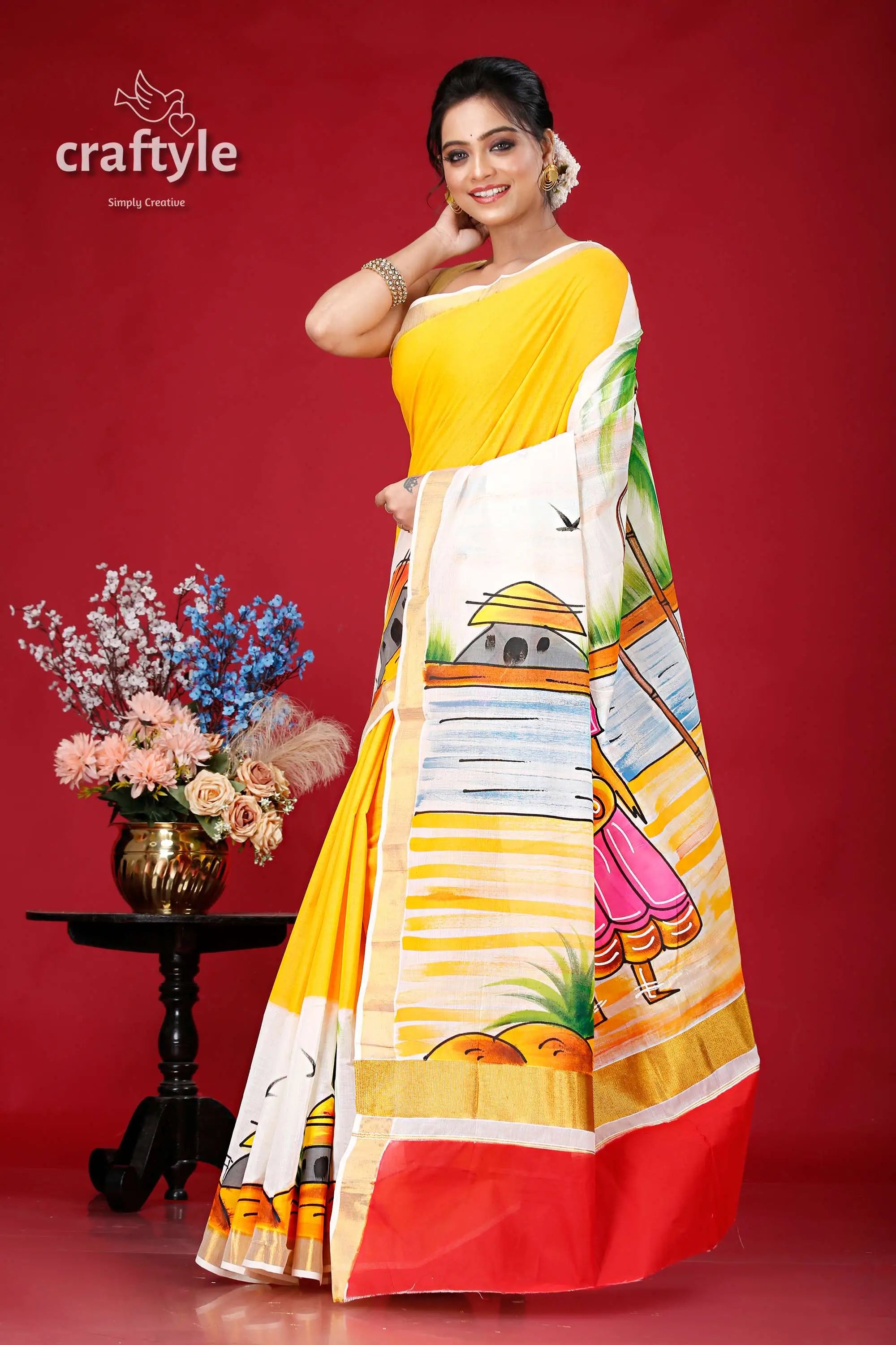 Hand-painted kerala cotton saree with village theme design woman yellow white painted saree 3
