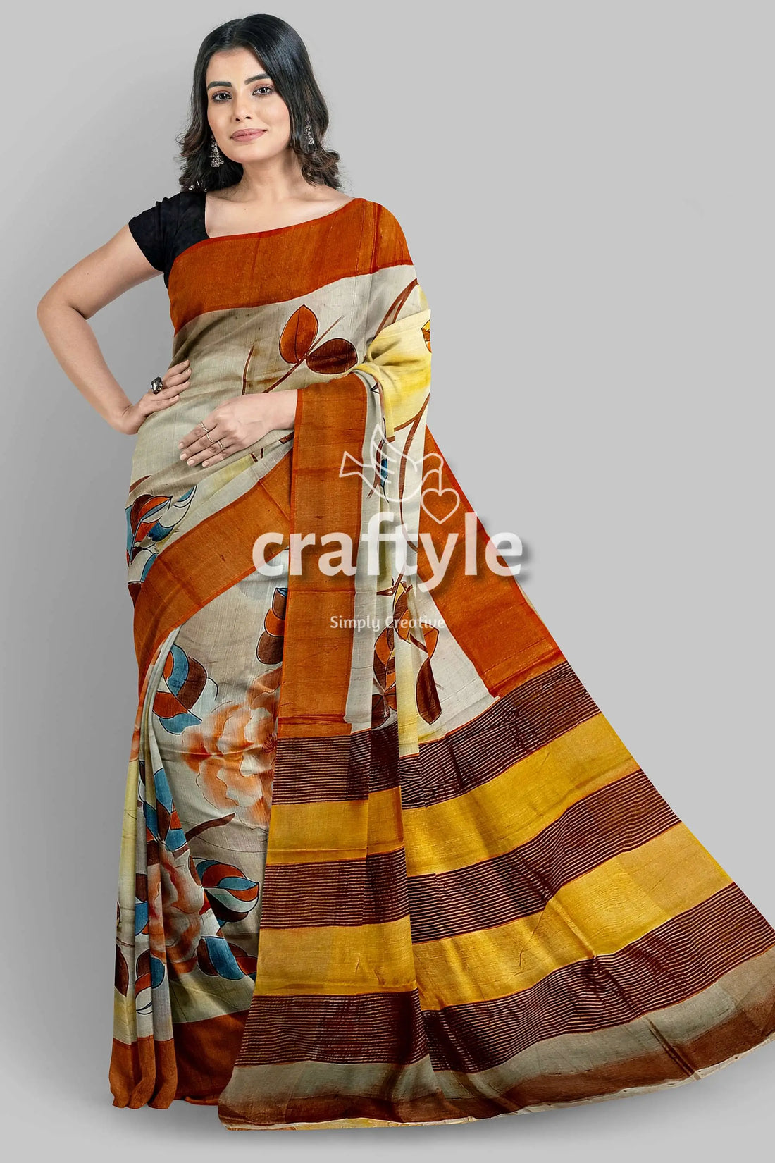 Hand painted light grey floral pure tussar saree with zari detailing floral-patterned saree striped pallu 2
