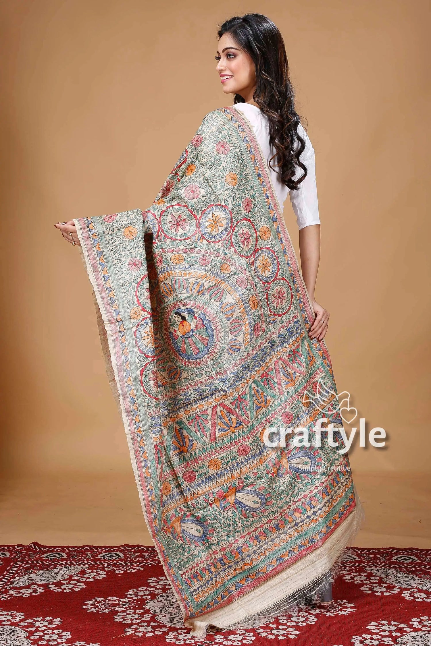 Hand painted madhubani art dupatta intricately patterned shawl 3