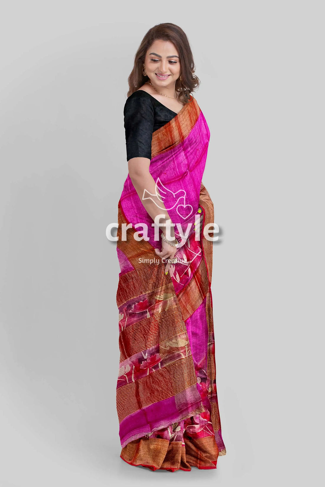 Hand painted magenta zari pure tussar silk saree - luxurious indian attire pink brown saree 2