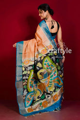 Hand-painted mandys pink zari border pure tussar kalamkari saree woman peach black saree floral 4