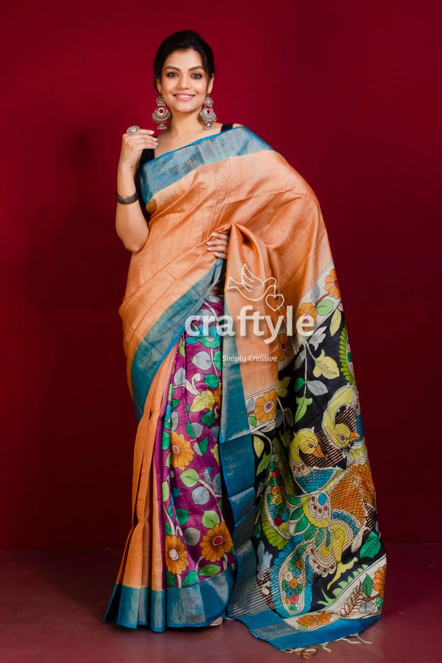 Hand-painted mandys pink zari border pure tussar kalamkari saree woman peach floral saree 2