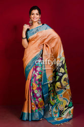 Hand-painted mandys pink zari border pure tussar kalamkari saree woman peach floral saree 2
