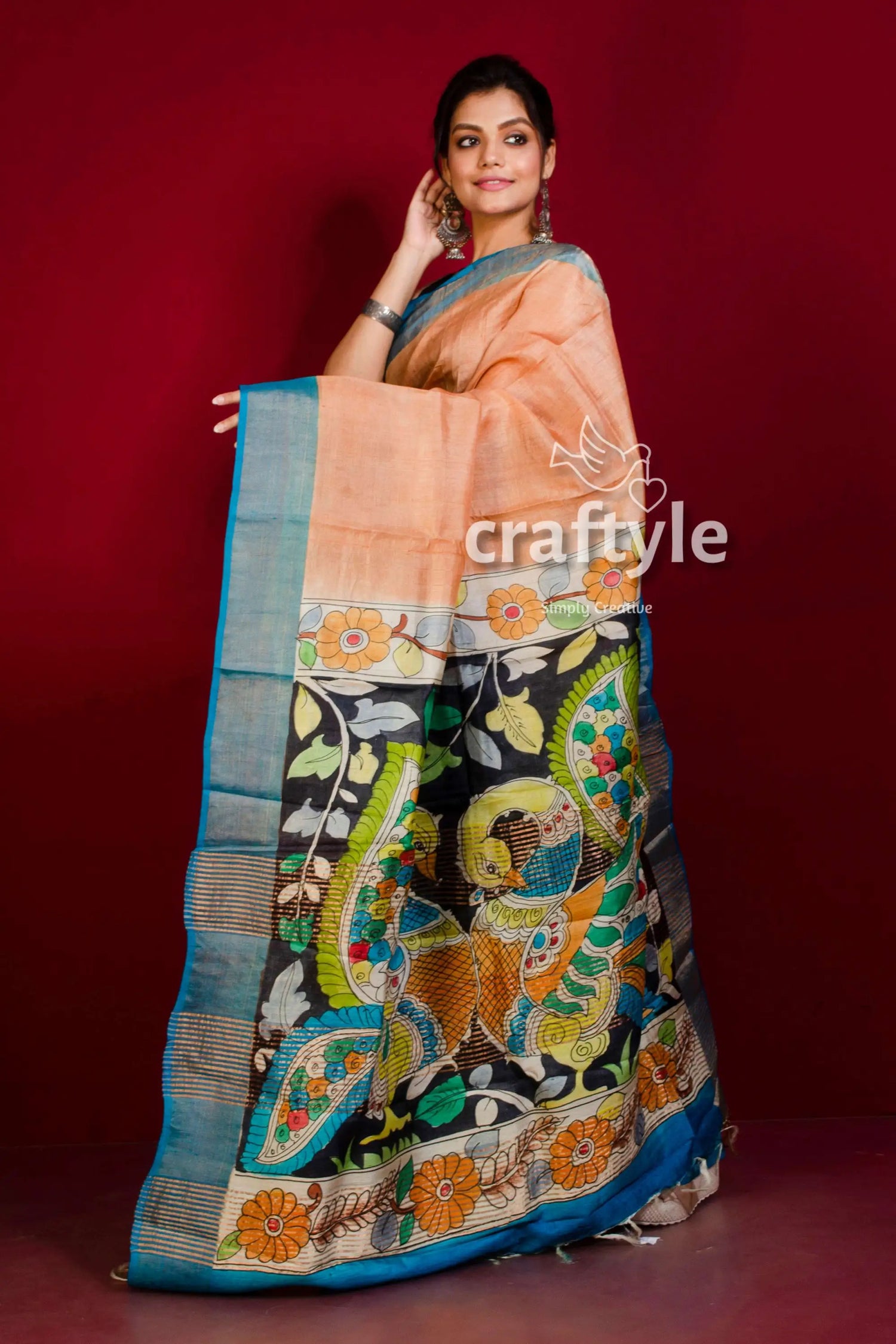Hand-painted mandys pink zari border pure tussar kalamkari saree woman peach blue saree peacock 3