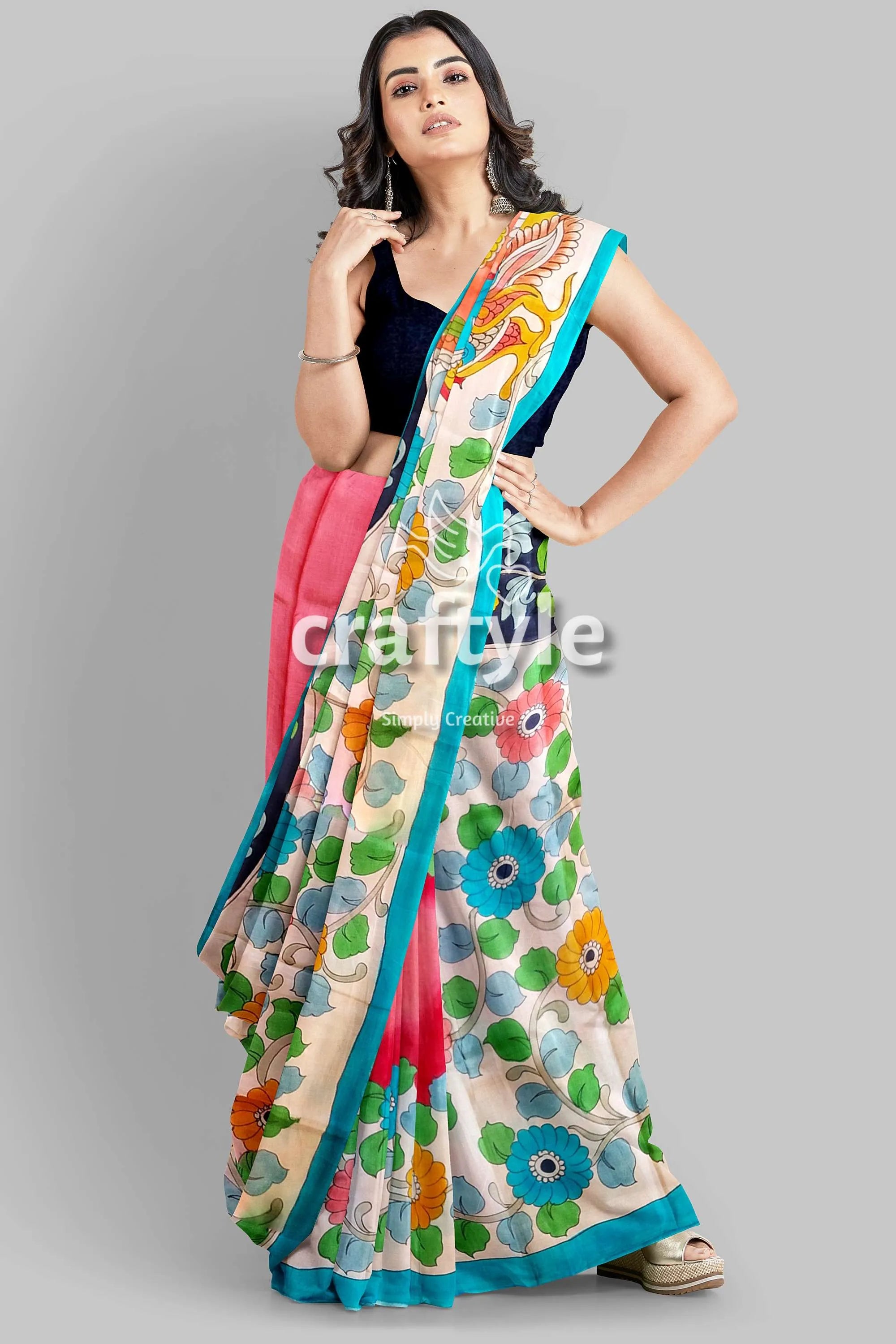 Hand painted multicolor floral kalamkari sari - pure tussar silk with zari border woman floral saree 4