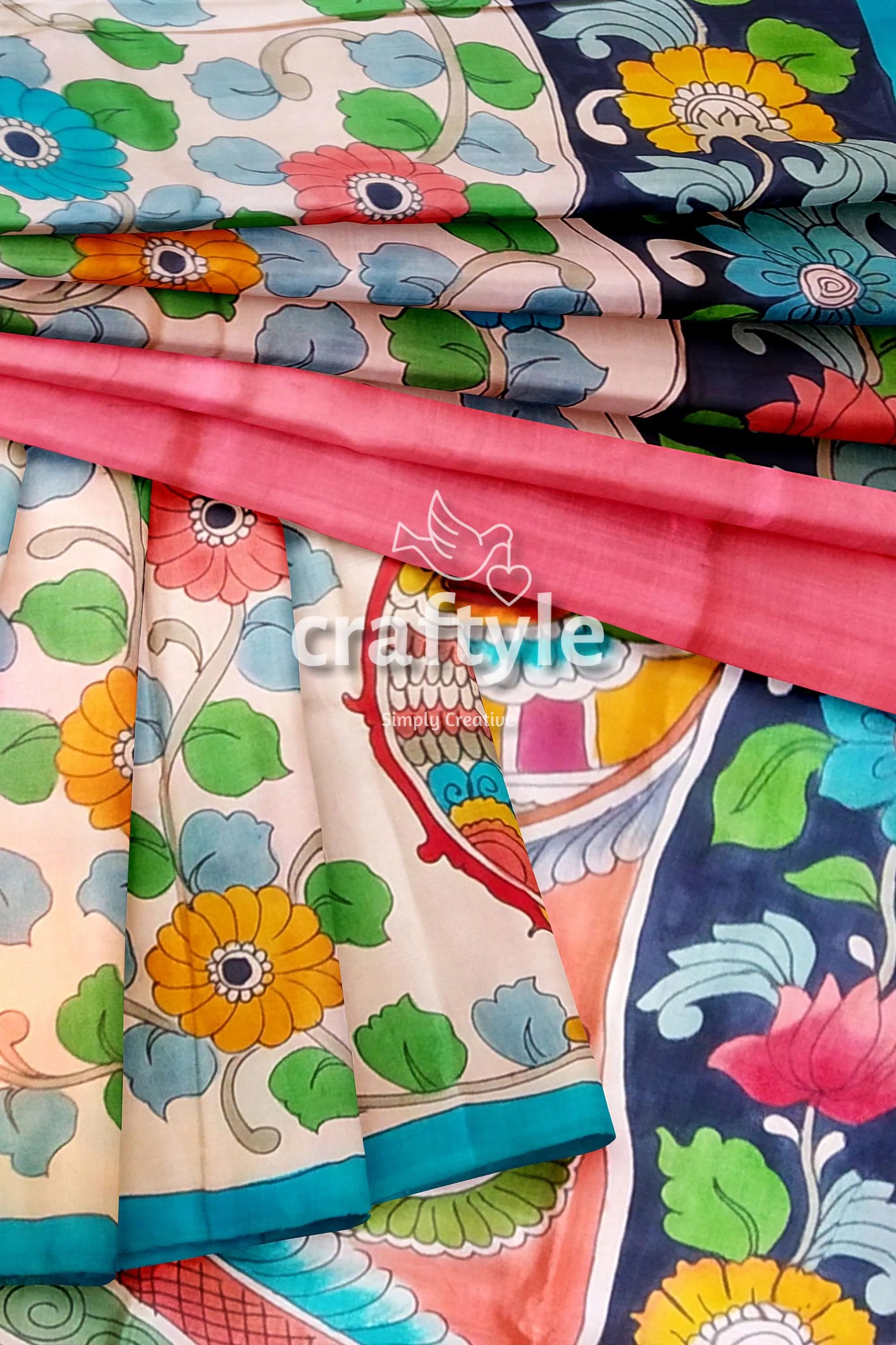 Hand painted multicolor floral kalamkari sari - pure tussar silk with zari border floral-patterned silk saree 7