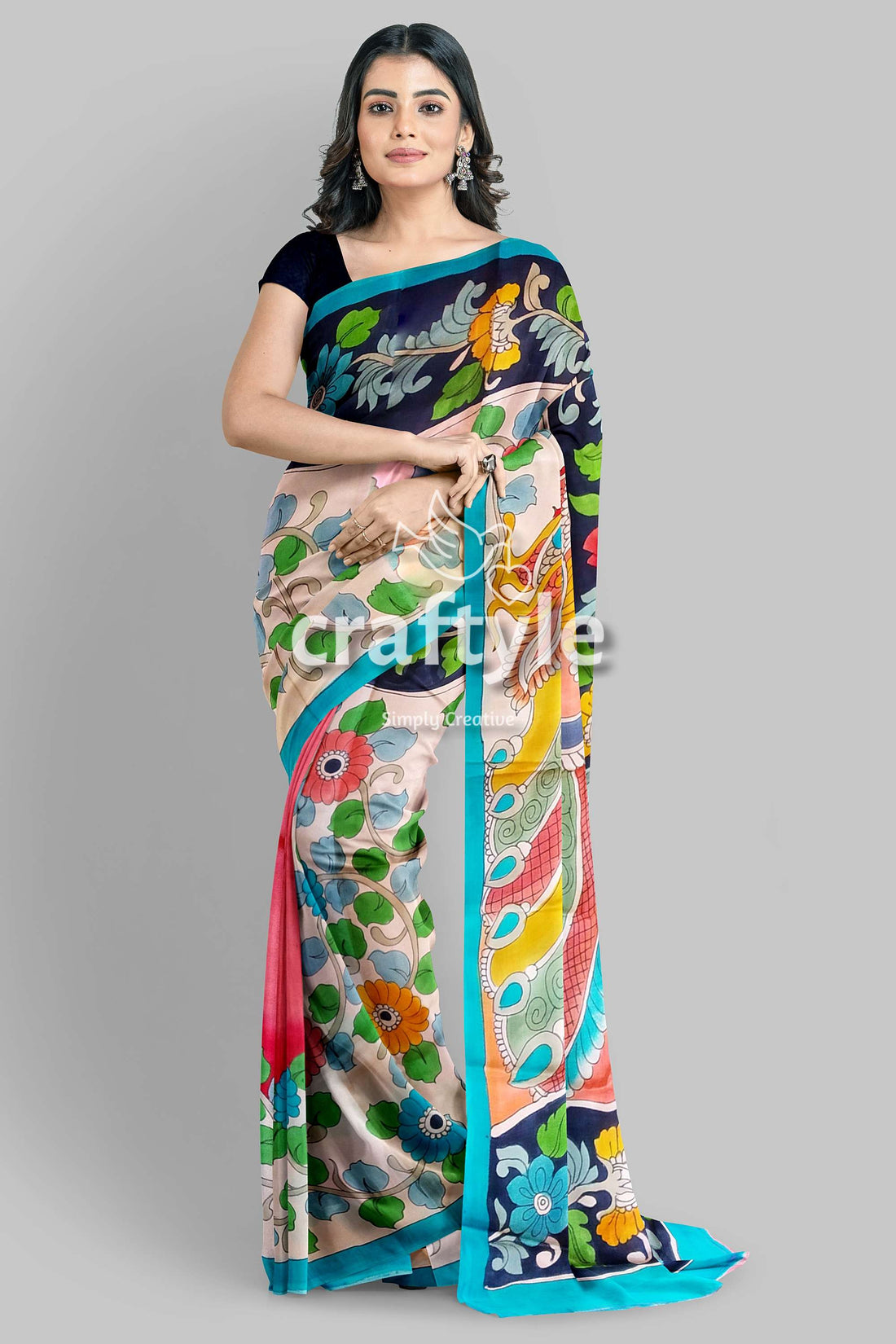 Hand Painted Multicolor Floral Kalamkari Sari - Pure Tussar Silk with Zari Border - Craftyle