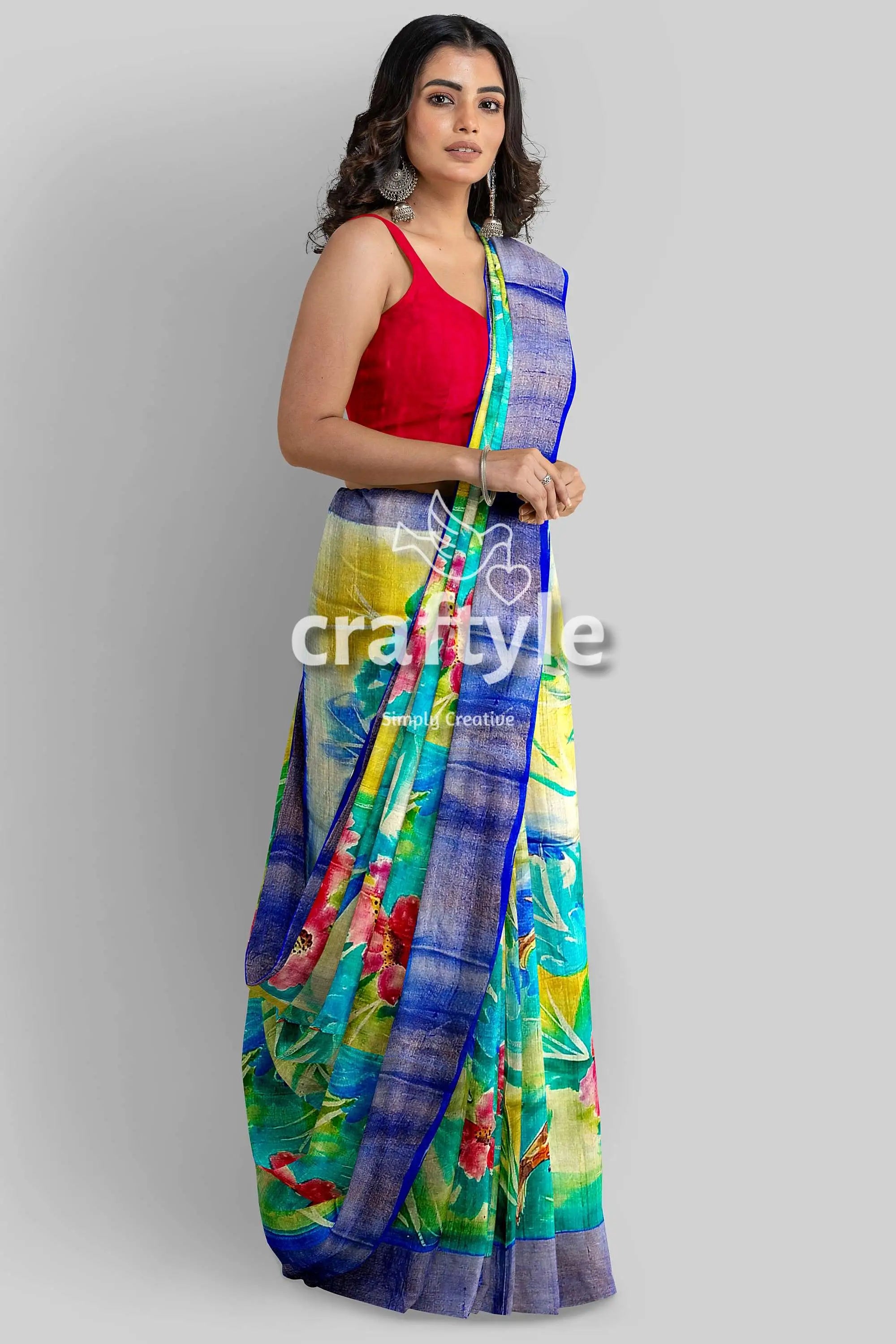 Hand painted multicolor floral zari pure tussar saree - perfect for any occasion floral saree blue border 6
