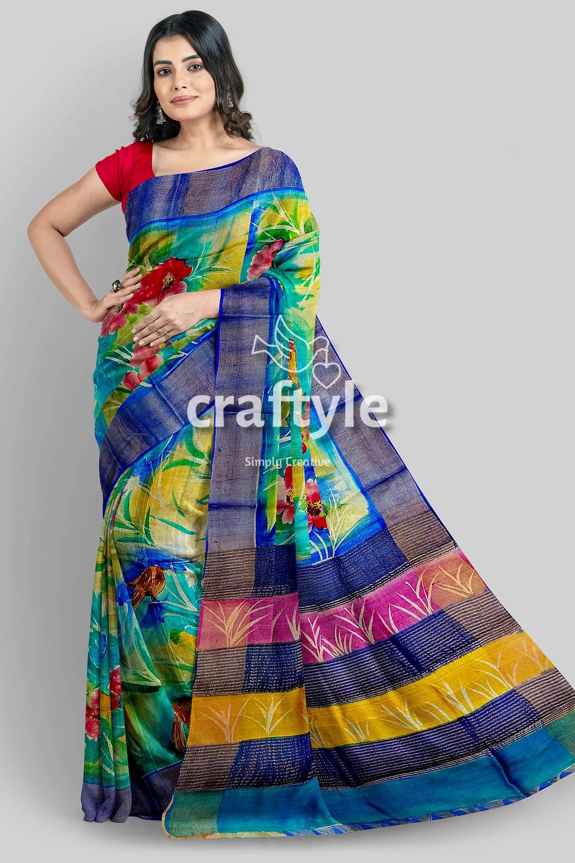Hand painted multicolor floral zari pure tussar saree - perfect for any occasion woman floral striped saree 2