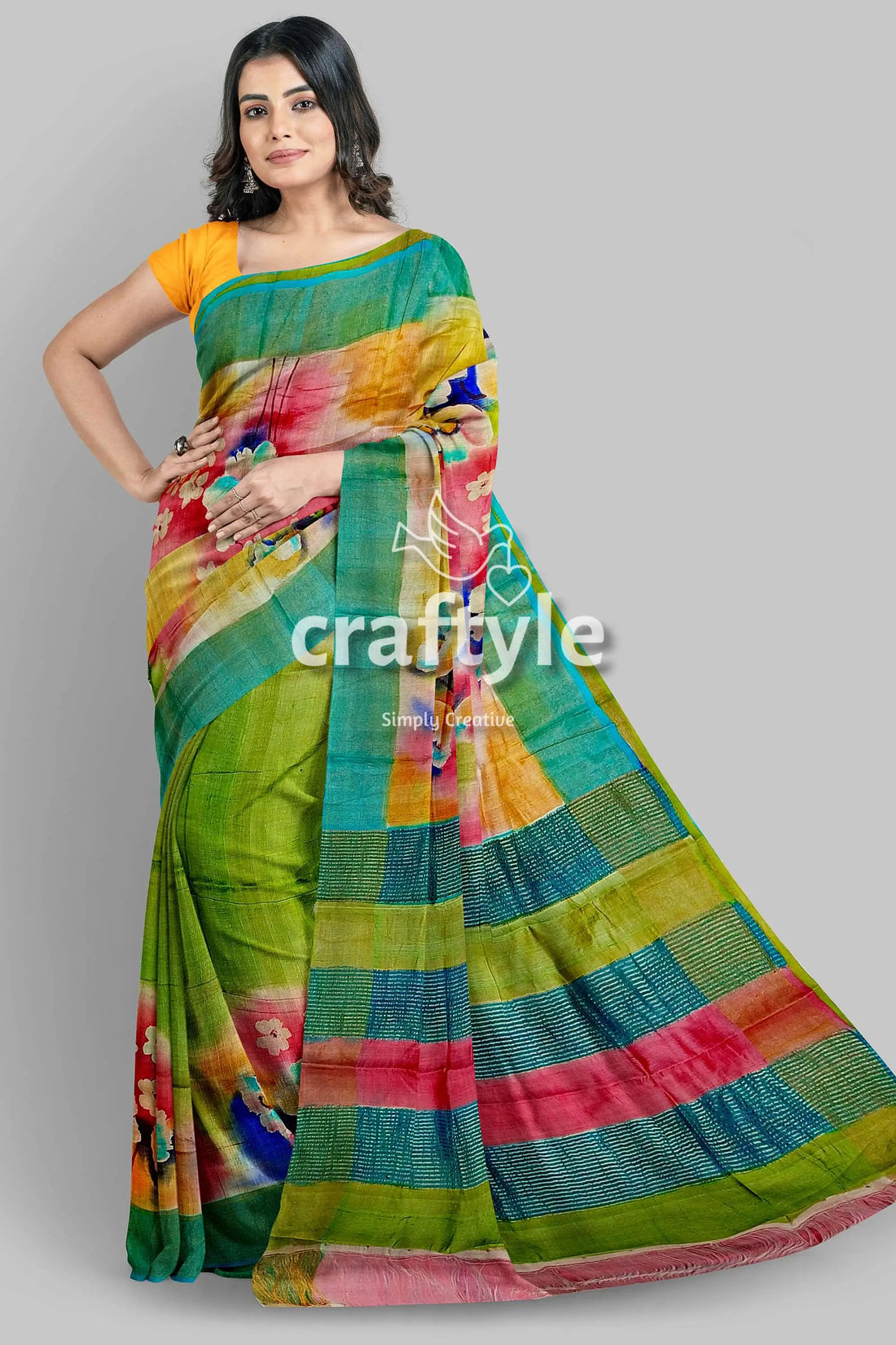 Hand-painted multicolor zari pure tussar silk saree - vibrant android green colorful patterned saree 2