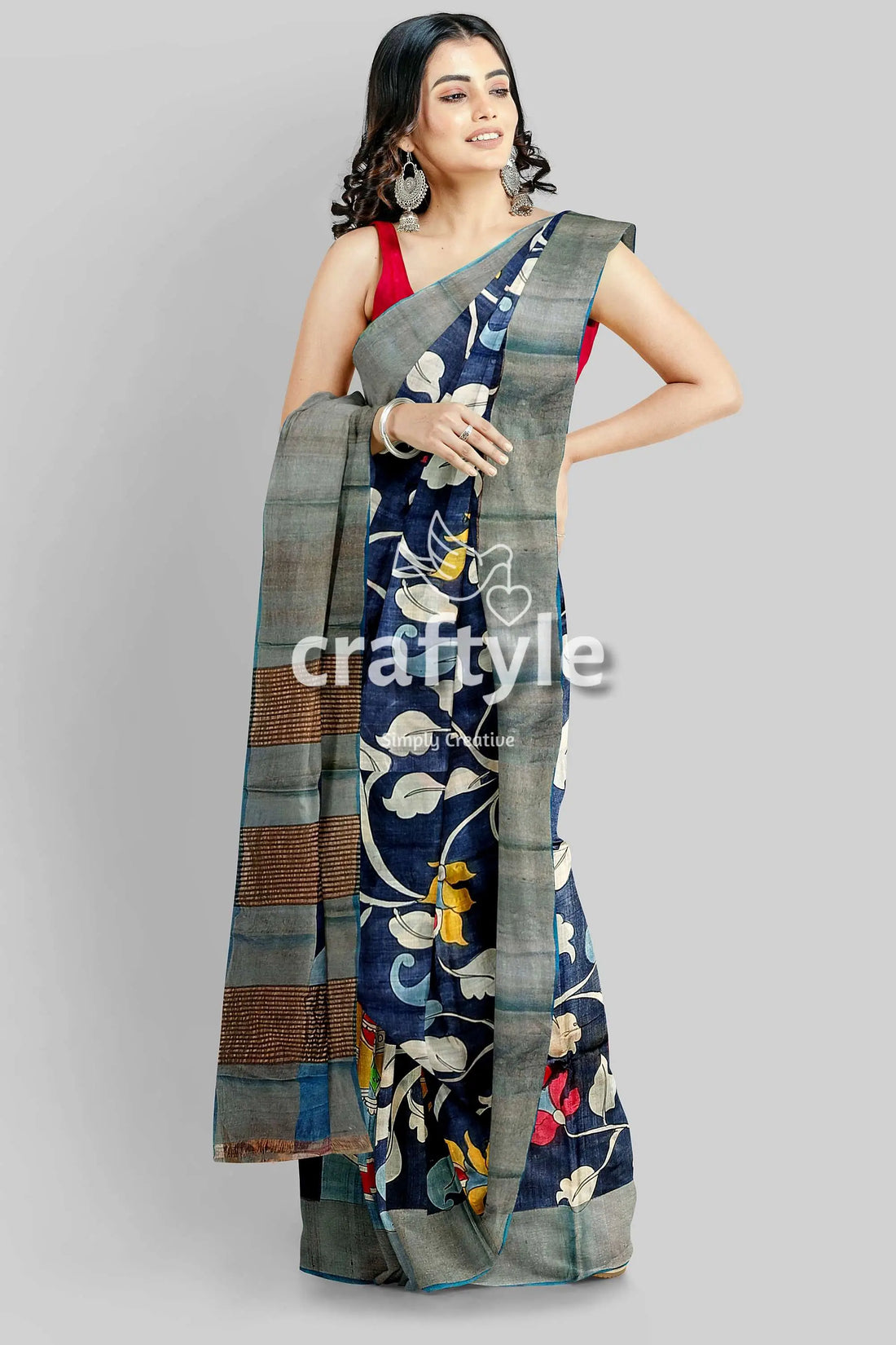 Hand painted onyx black pure tussar kalamkari sari with zari border floral-patterned saree gray border 2