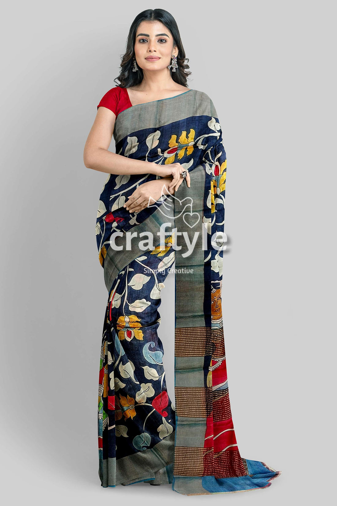 Hand Painted Onyx Black Pure Tussar Kalamkari Sari with Zari Border - Craftyle