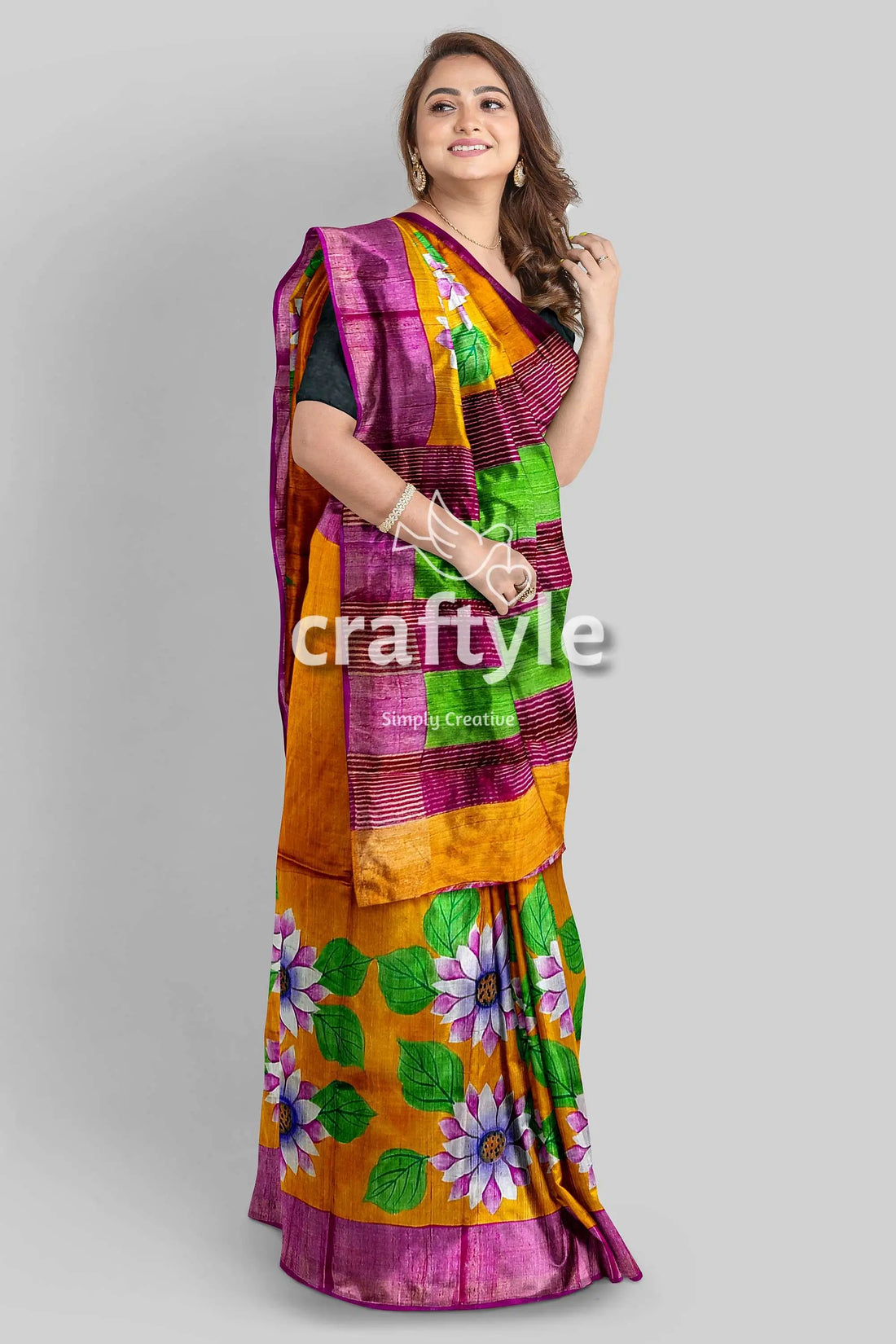 Hand painted orange zari pure tussar silk saree with floral design woman colorful saree 2