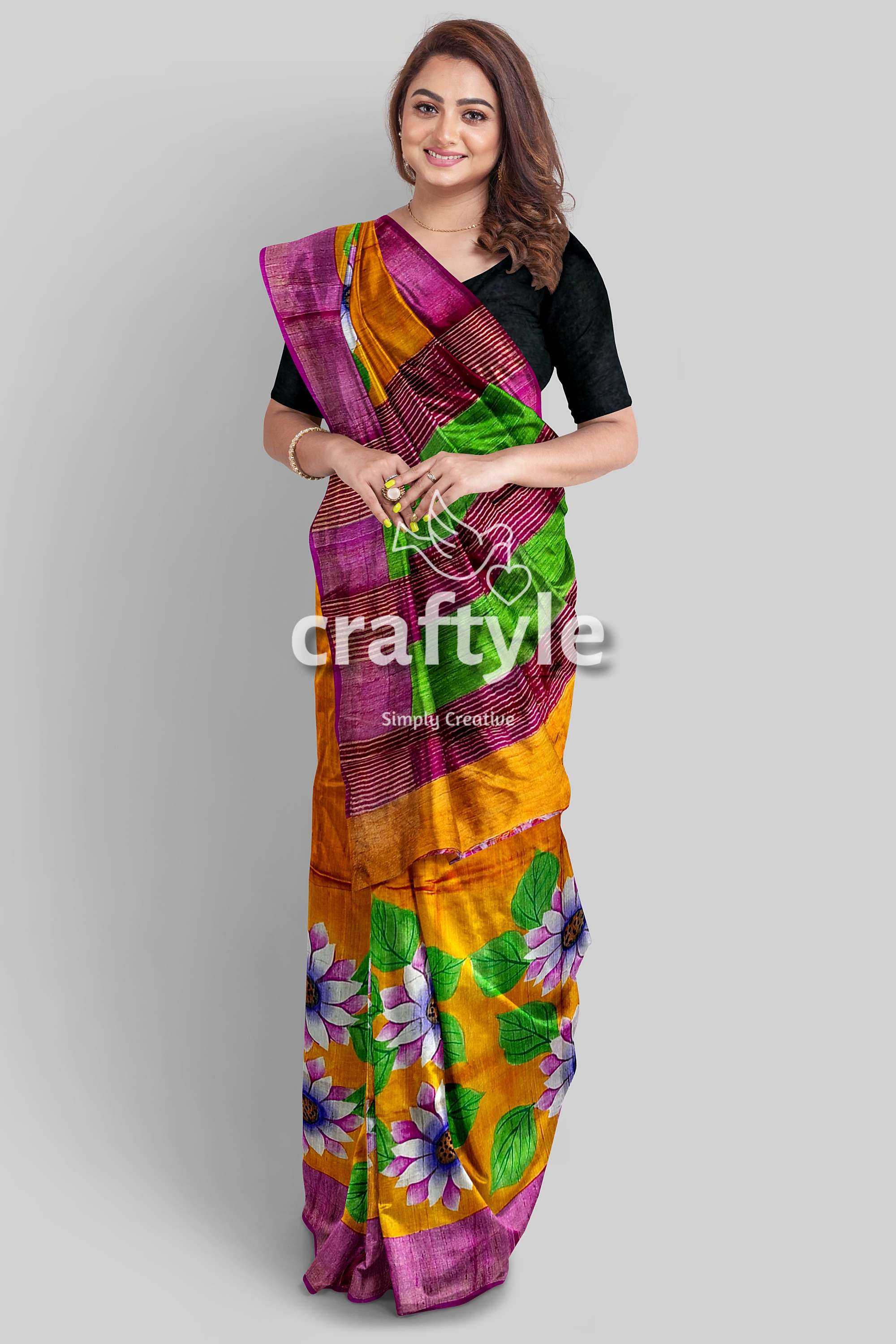 Hand Painted Orange Zari Pure Tussar Silk Saree with Floral Design - Craftyle