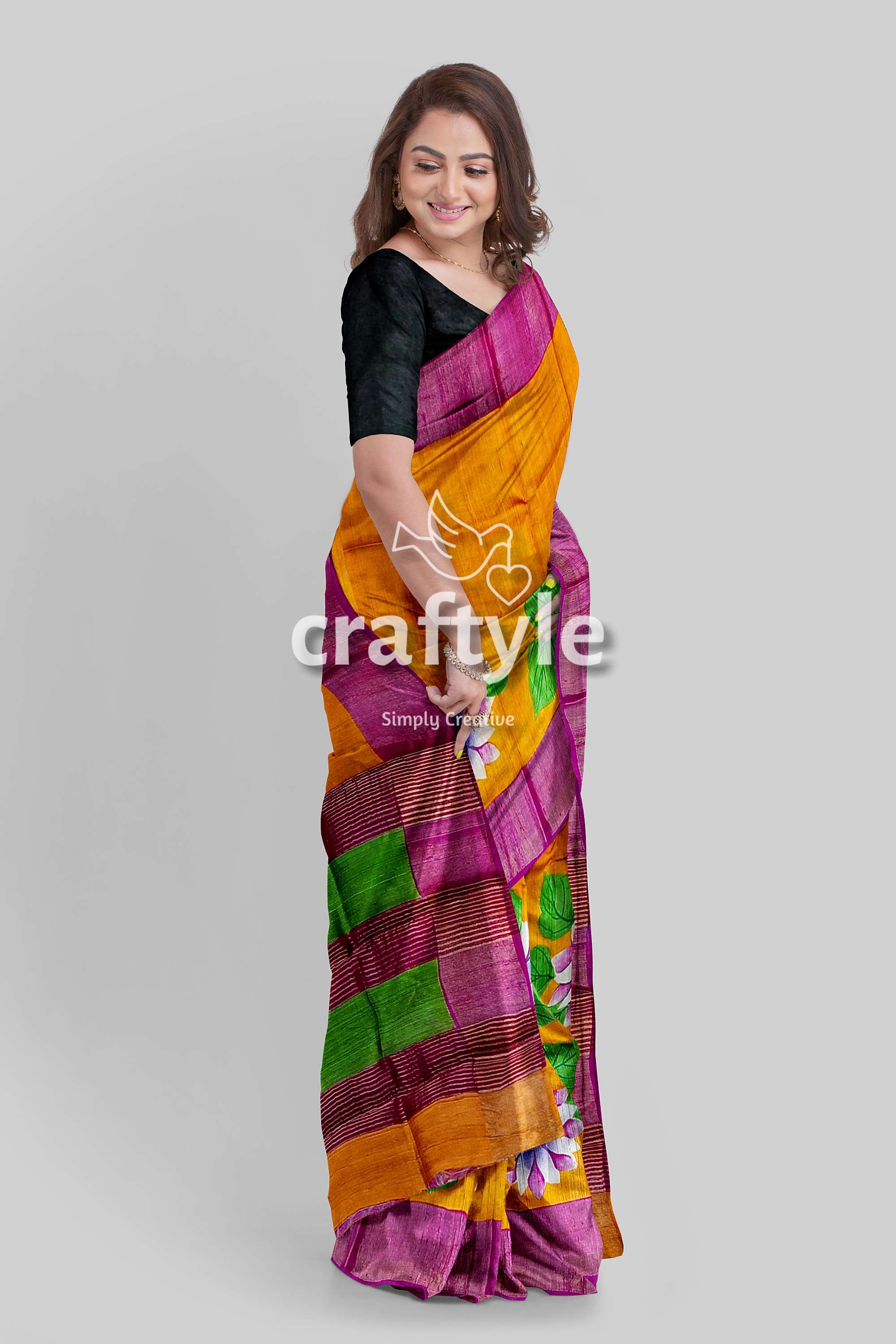 Hand Painted Orange Zari Pure Tussar Silk Saree with Floral Design - Craftyle