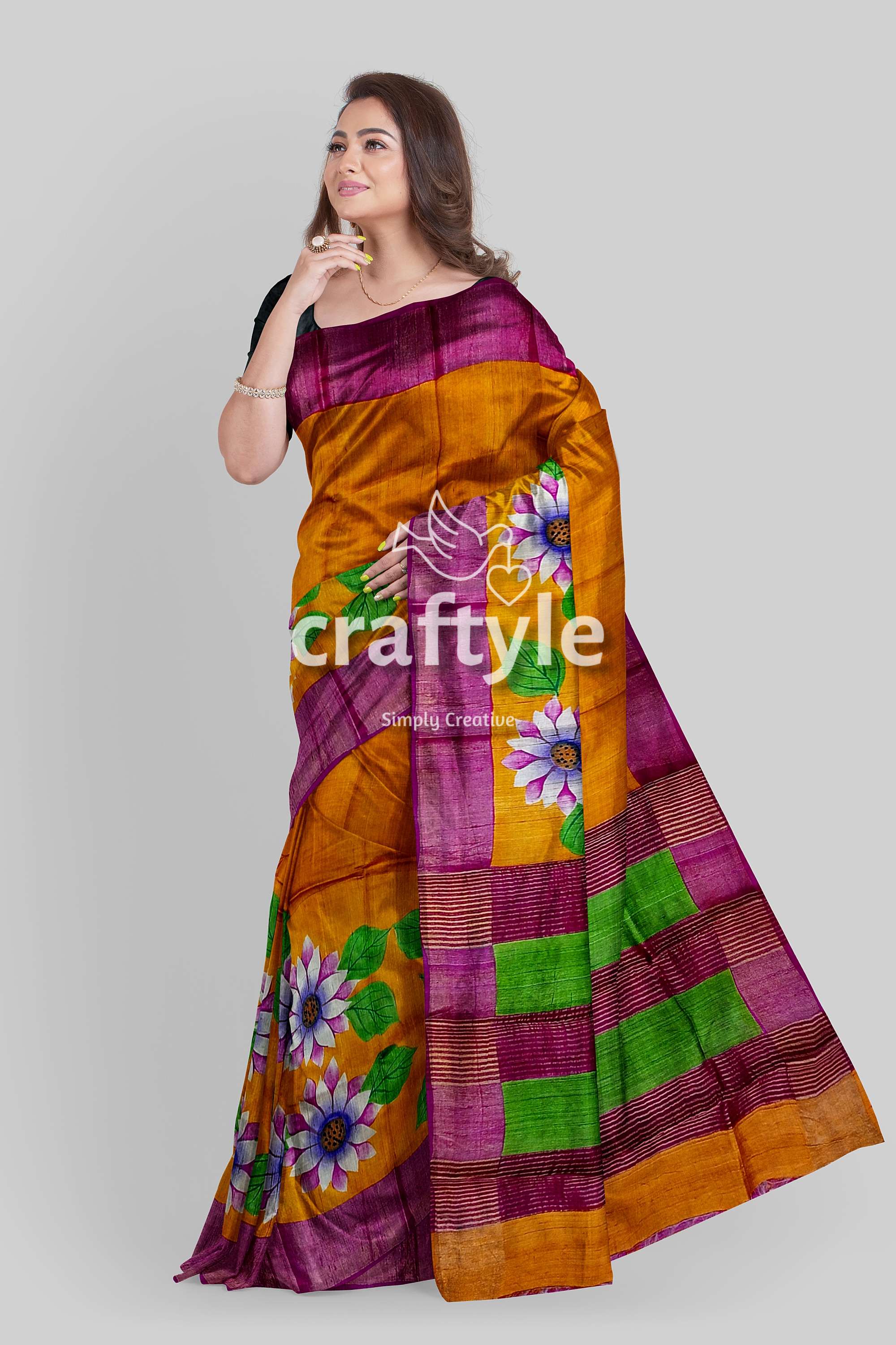 Hand Painted Orange Zari Pure Tussar Silk Saree with Floral Design - Craftyle