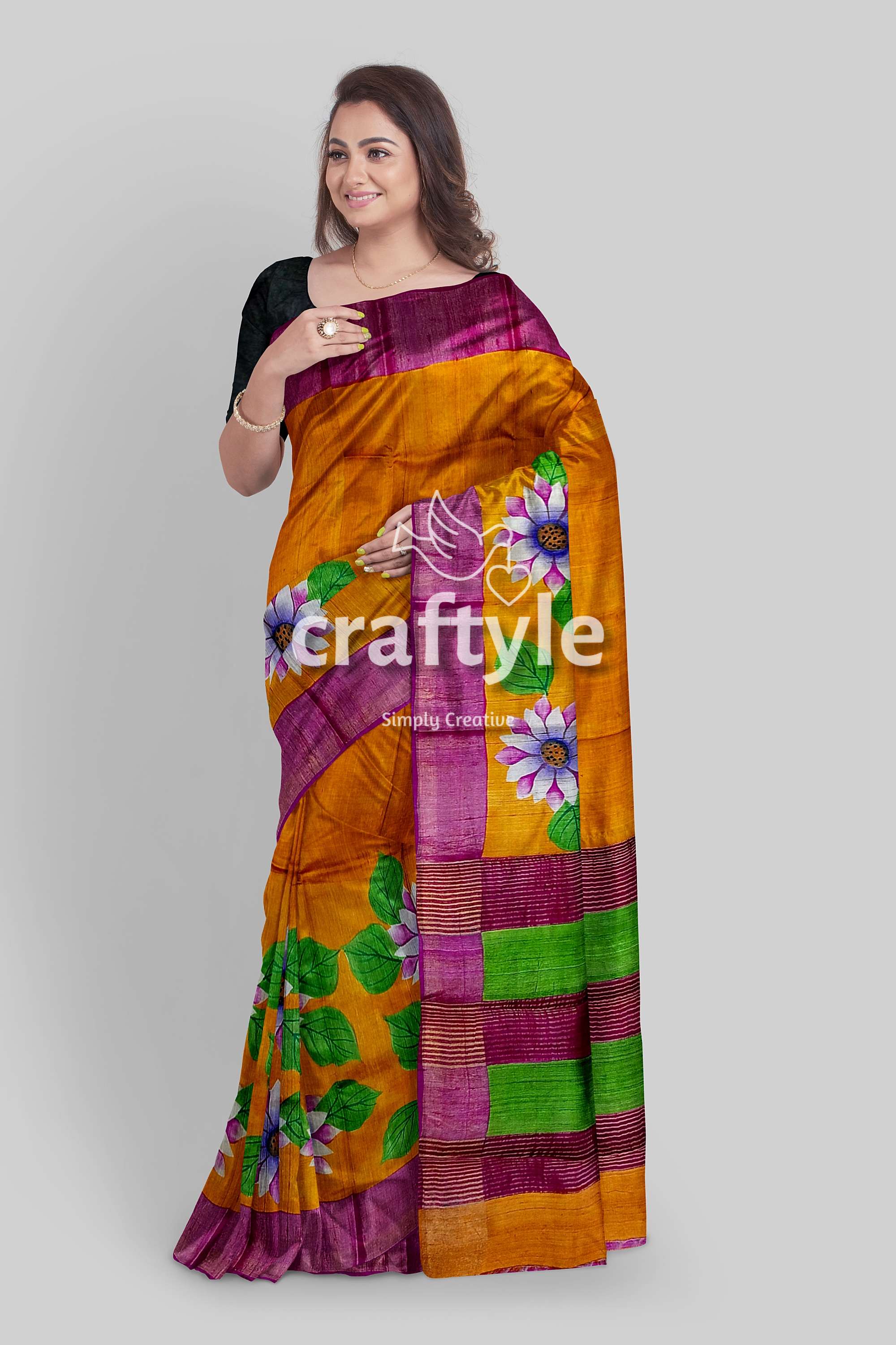 Hand Painted Orange Zari Pure Tussar Silk Saree with Floral Design - Craftyle