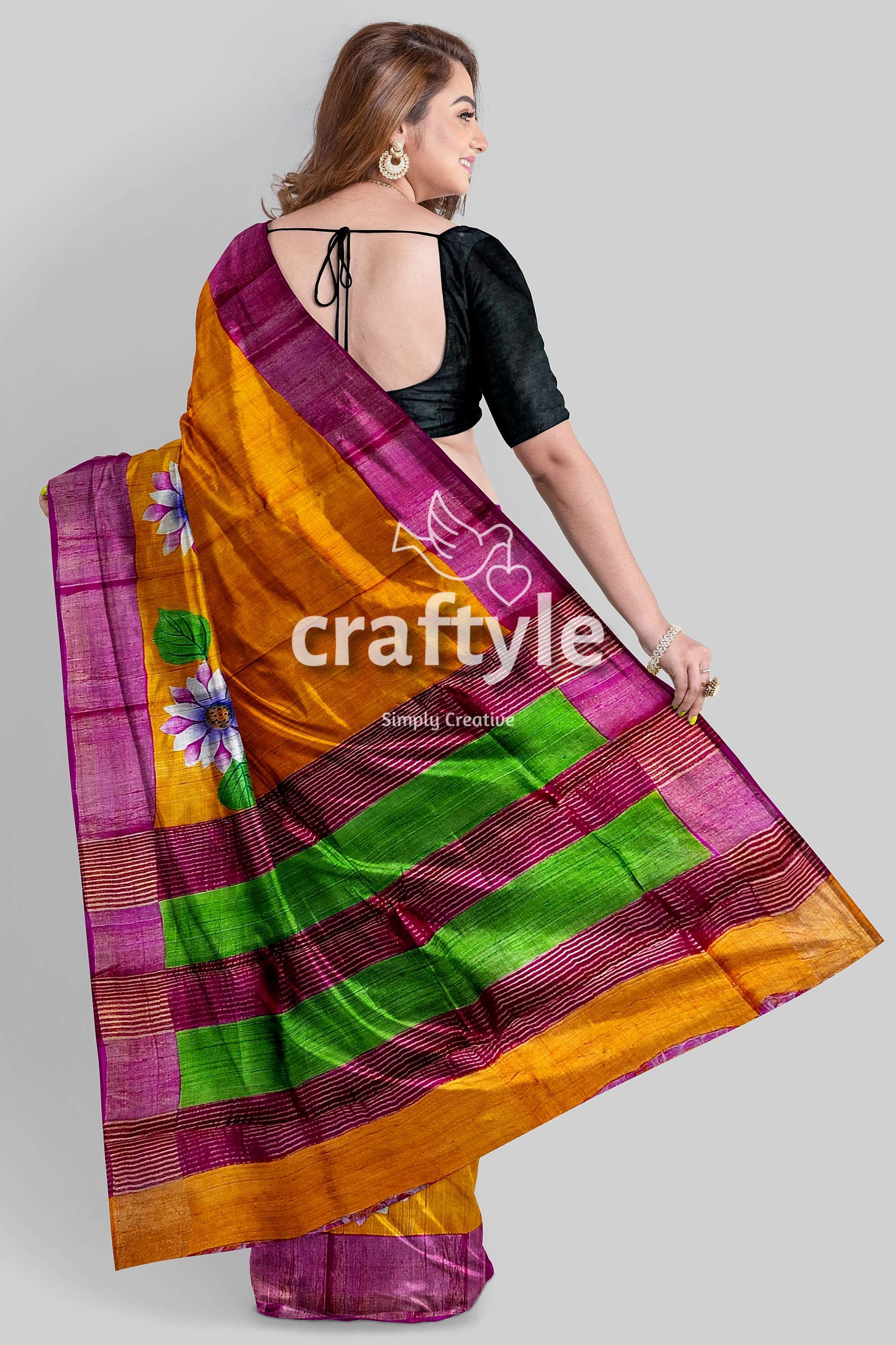 Hand Painted Orange Zari Pure Tussar Silk Saree with Floral Design - Craftyle