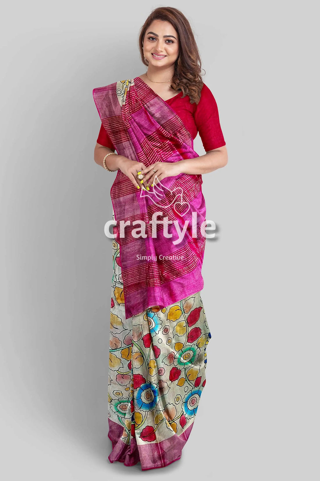 Hand painted pastel magenta kalamkari sari with pure tussar silk zari border woman pink floral saree 2
