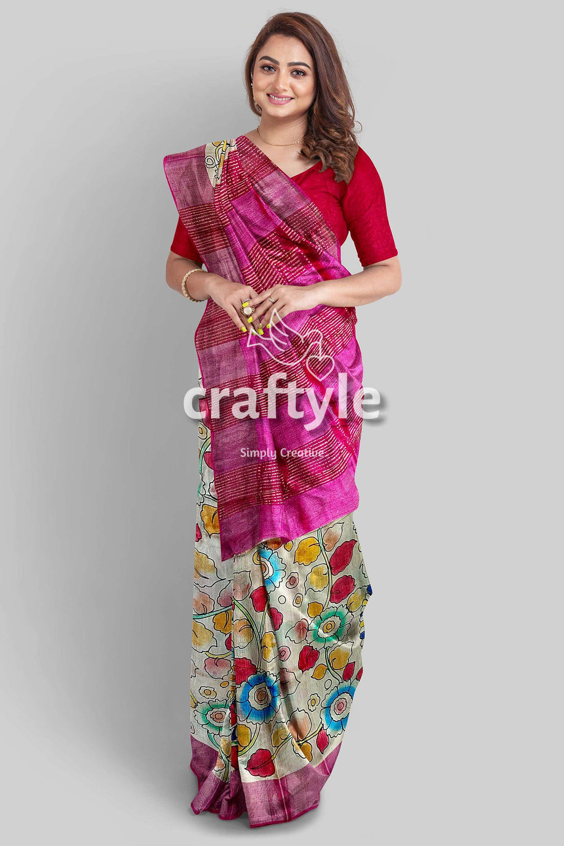 Hand Painted Pastel Magenta Kalamkari Sari with Pure Tussar Silk Zari Border - Craftyle