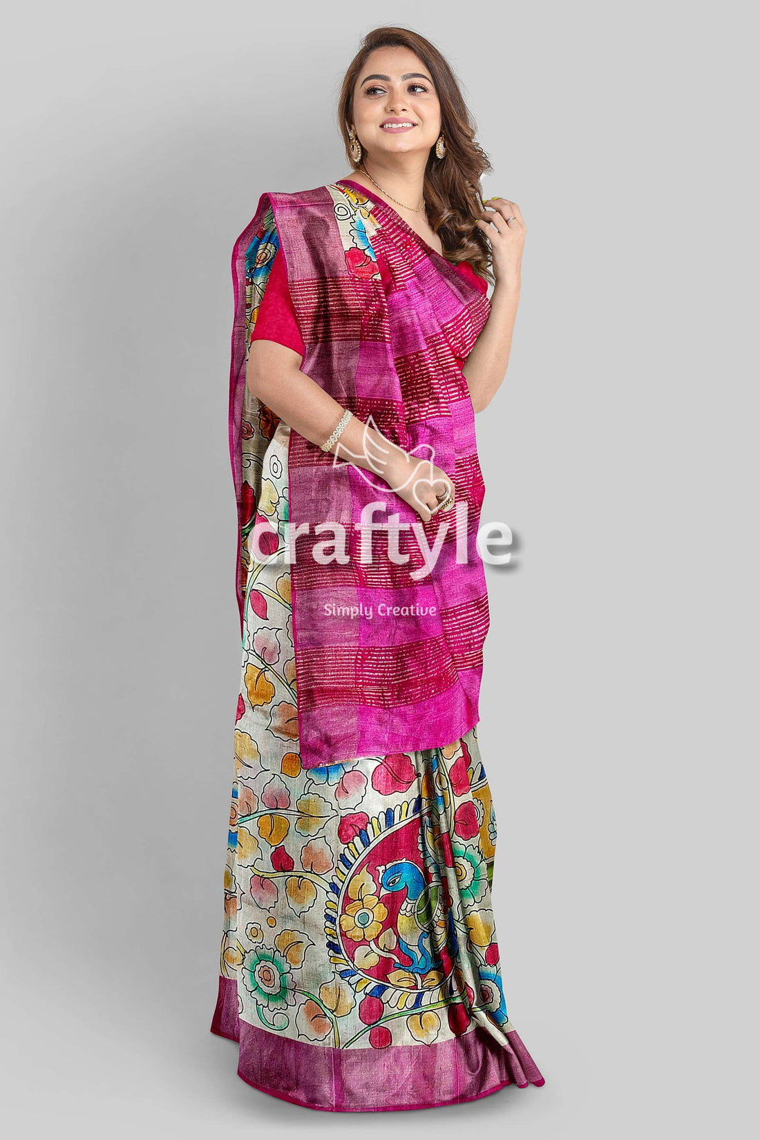 Hand Painted Pastel Magenta Kalamkari Sari with Pure Tussar Silk Zari Border - Craftyle