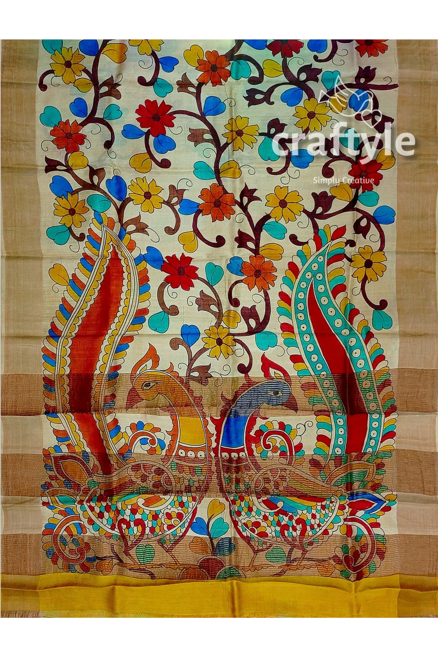 Hand painted pearl bush sari with pure tussar kalamkari designs - zari border hand-painted silk saree peacock floral 6