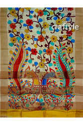 Hand painted pearl bush sari with pure tussar kalamkari designs - zari border hand-painted silk saree peacock floral 6