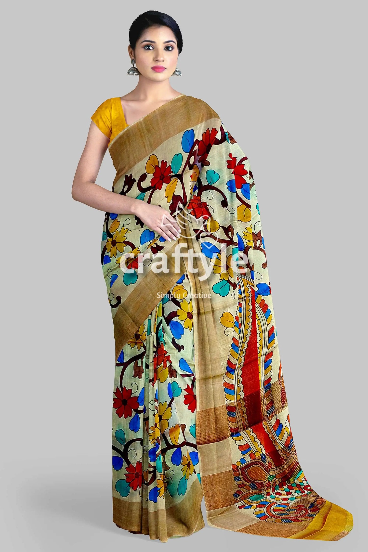 Hand painted pearl bush sari with pure tussar kalamkari designs - zari border floral-patterned saree golden border 4