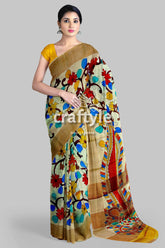 Hand painted pearl bush sari with pure tussar kalamkari designs - zari border floral-patterned saree golden border 4